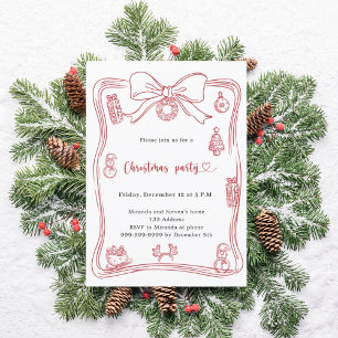 Invitation Fête de Noël avec un nœud rouge dessiné à la main