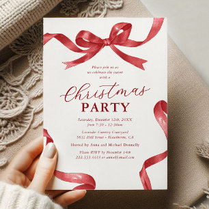 Invitation Fête de Noël avec un Nœud Rouge Élégant