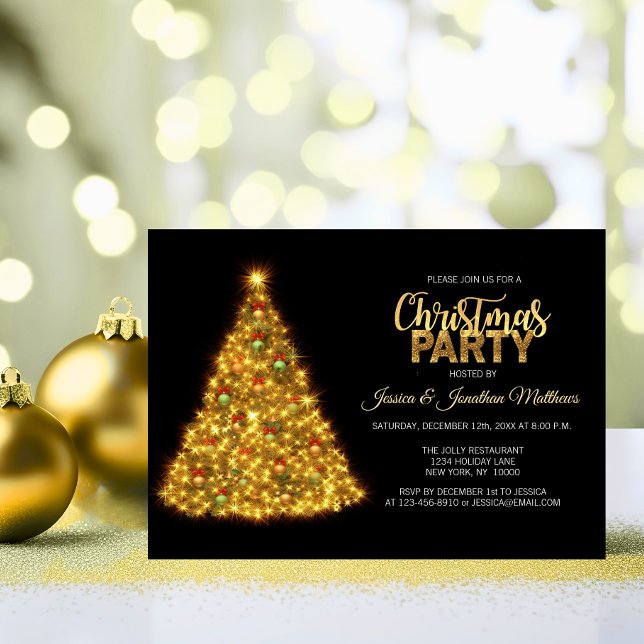Invitation FÊTE DE NOËL Black Gold Twinkles Lumières Arbre (CHRISTMAS PARTY Black Gold Twinkle Lights Tree Invitation)
