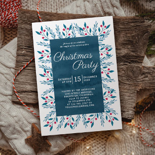 Invitation Fête de Noël Bleu Aquarelle Botanique