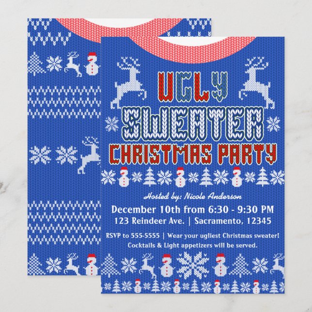 Invitation Fête de Noël bleu blanc rouge rouge knit moche (Devant / Derrière)