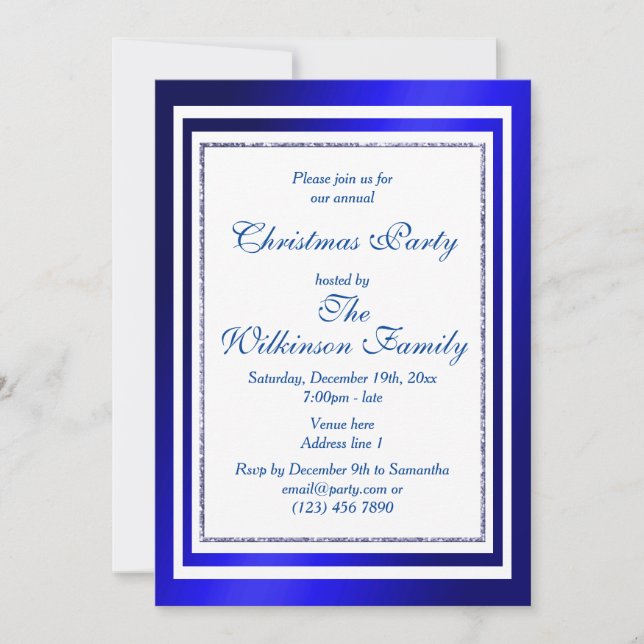 Invitation Fête de Noël bleu et blanc classique (Devant)