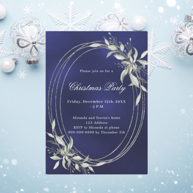 Invitation Fête de Noël bleu marine en argent (Créateur téléchargé)
