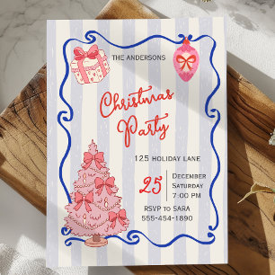 Invitation Fête de Noël bleu rose au dessin à main levée