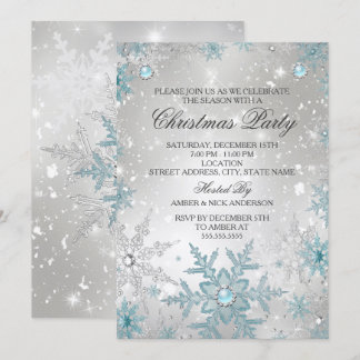 Invitation Fête de Noël Blue Pearl Crystal Snowflake