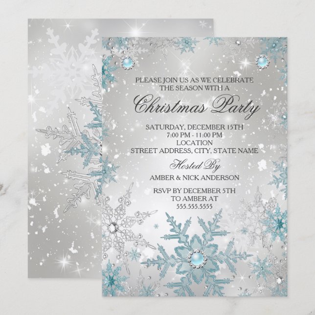 Invitation Fête de Noël Blue Pearl Crystal Snowflake (Devant / Derrière)