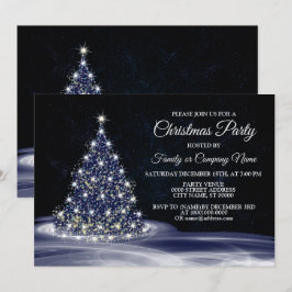 Invitation Fête de Noël Blue Shiny Tree Winter Navy