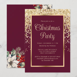 Invitation Fête de Noël botanique confettis or rouge