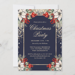 Invitation Fête de Noël botanique élégante bleu or