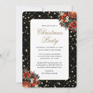Invitation Fête de Noël botanique élégante en noir et or