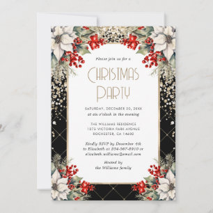 Invitation Fête de Noël botanique élégante noire et or