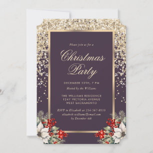 Invitation Fête de Noël botanique élégante violette et or