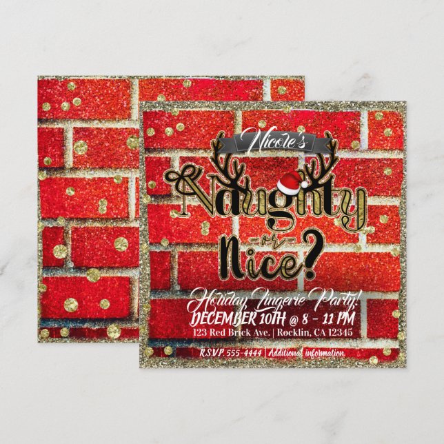 Invitation Fête de Noël Brique Rouge et Paillettes Méchant ou (Devant / Derrière)