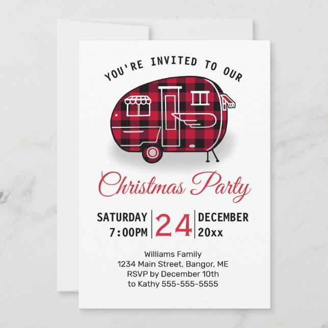Invitation Fête de Noël Camping Red Buffalo Plaid Holiday (Devant)