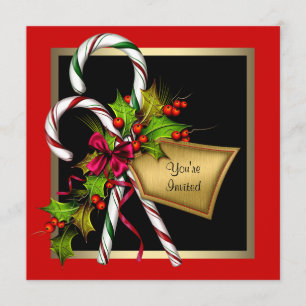 Invitation Fête de Noël Candy Cane Holly Rouge
