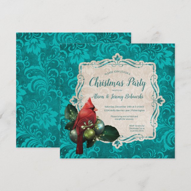 Invitation Fête de Noël cardinale et Turquoise Florale (Devant / Derrière)