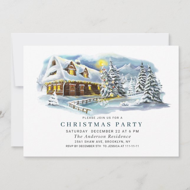 Invitation Fête de Noël Chic avec Arbre de Pin Aquarelle (Devant)