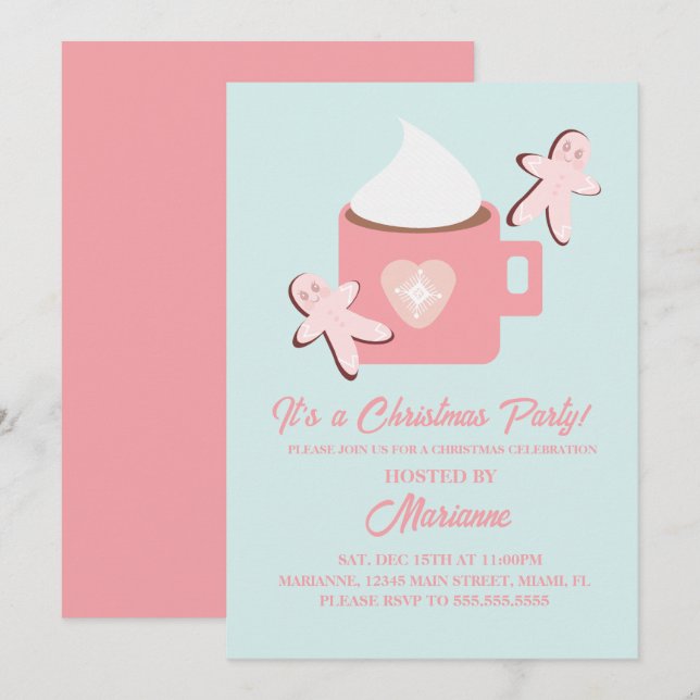 Invitation Fête de Noël Chocolat chaud Mug Pain d'épices rose (Devant / Derrière)