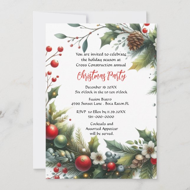 Invitation Fête de Noël d'affaires Wreath avec Poinsettia I (Devant)