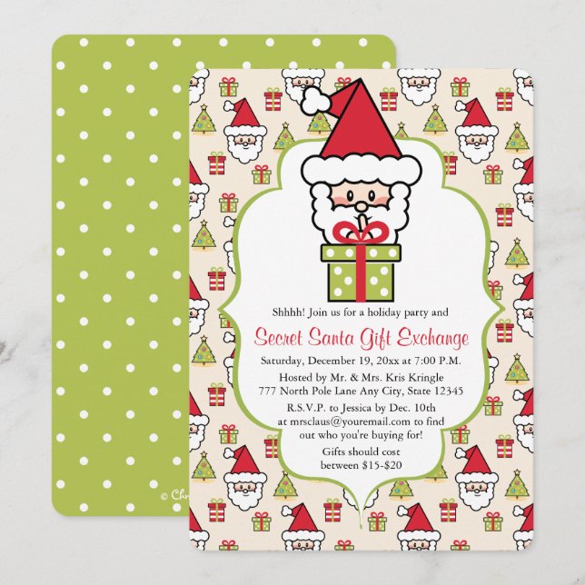 Invitation Fête de Noël de Cute Secret Père Noël (Devant / Derrière)