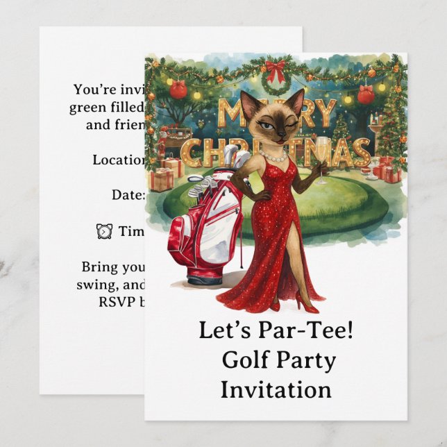 Invitation Fête de Noël de golf avec Chat sur mettre en vert (Devant / Derrière)