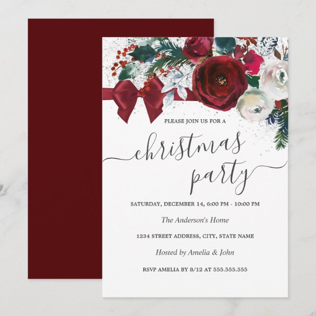 Invitation Fête de Noël de la Bow Floral Aquarelle Rouge (Devant / Derrière)