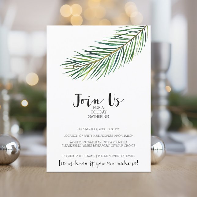 Invitation Fête de Noël de la branche d'eau moderne (Holiday Invitation - Corporate Open House - Minimal Pine Branch Modern Calligraphy)