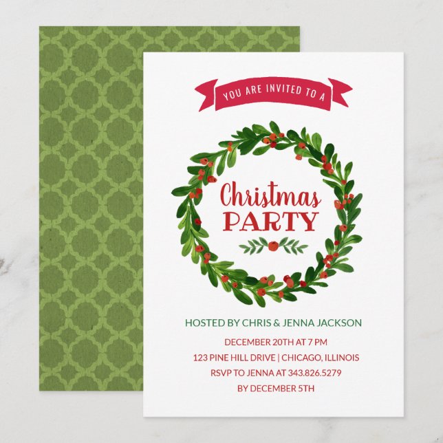 Invitation Fête de Noël de la couronne rouge et verte (Devant / Derrière)