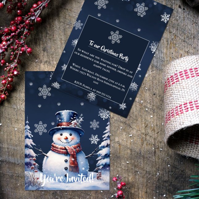 Invitation Fête de Noël de la forêt d'hiver | Bleu (Winter Forest Snowman Christmas Party Invitation)