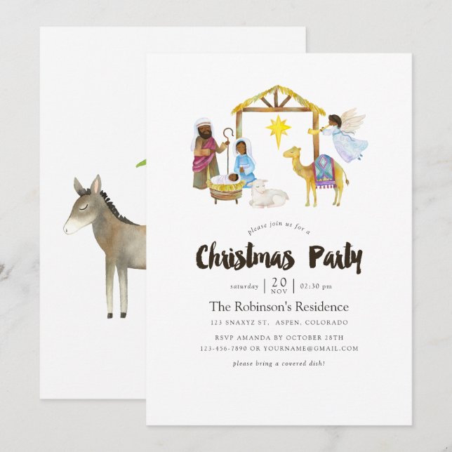 Invitation Fête de Noël de la Nativité aquarelle (Devant / Derrière)