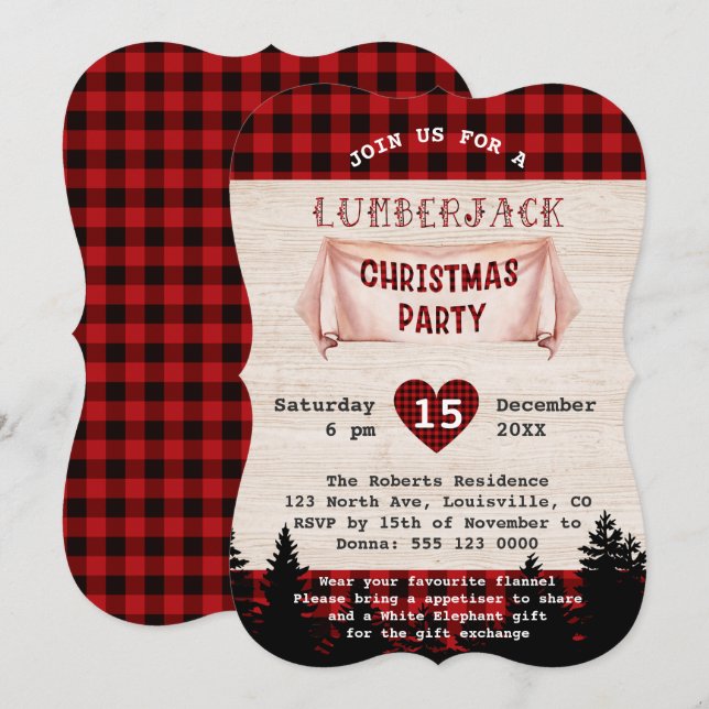 Invitation Fête de Noël de la sériole Rouge Buffalo Bois (Devant / Derrière)