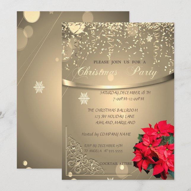 Invitation Fête de Noël de la société Poinsettia Confetti (Devant / Derrière)