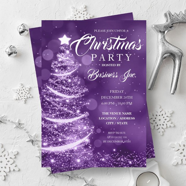 Invitation Fête de Noël de l'Arbre de Noël de l'entreprise Ét (CORPORATE Christmas Tree Sparkle Purple Party Invitation)