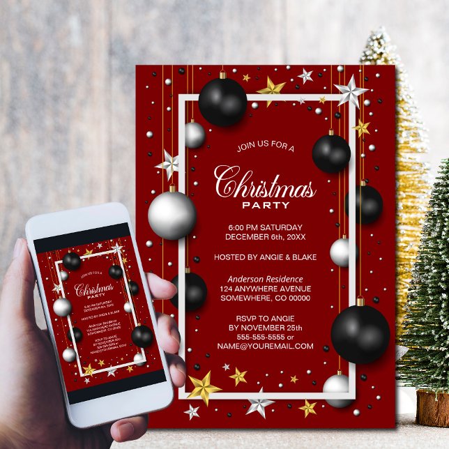 Invitation Fête de Noël de l'ornement de Noël rouge (Créateur téléchargé)