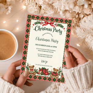 Invitation Fête de Noël de l'ours en peluche à carreaux rouge