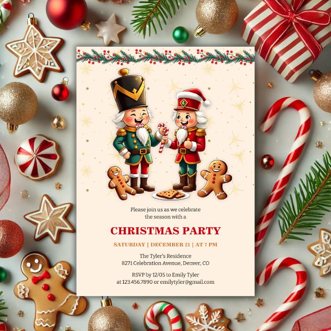 Invitation Fête de Noël de Pain d'épice moderne (Modern and Festive Gingerbread Nutcracker Christmas Party Invitation)