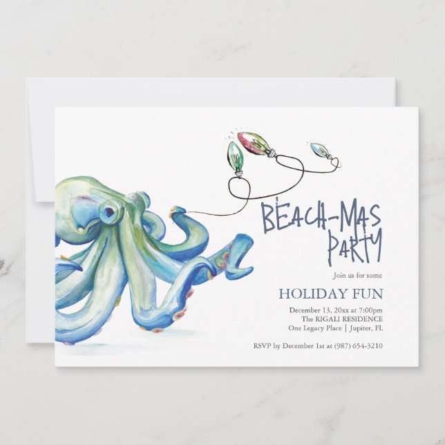 Invitation Fête de Noël de plage Aquarelle bleu Octopus (Devant)