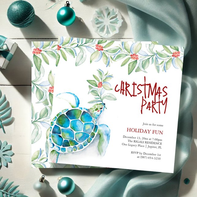 Invitation Fête de Noël de plage Aquarelle Tortue de mer (Sea turtle Christmas invitations watercolor art by Victoria Grigaliunas of Do Tell A Belle)