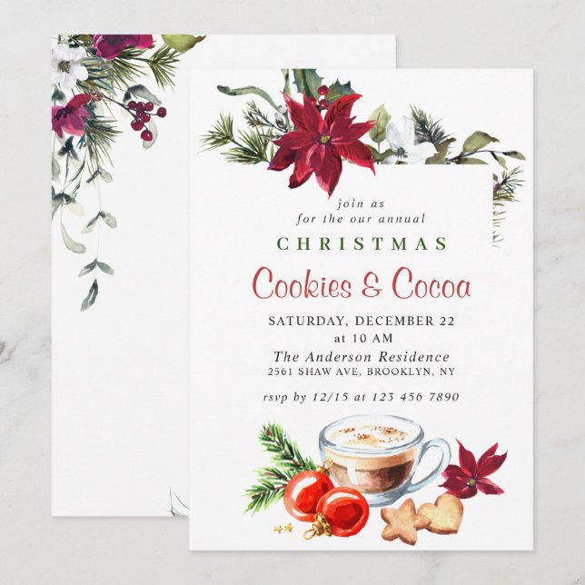 Invitation Fête de Noël de Poinsettia Cookies et cacao (Devant / Derrière)