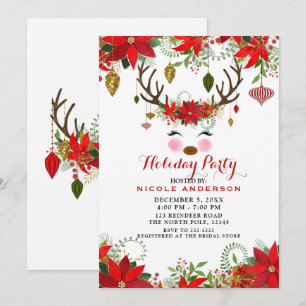 Invitation Fête de Noël de rennes floraux modernes vintage