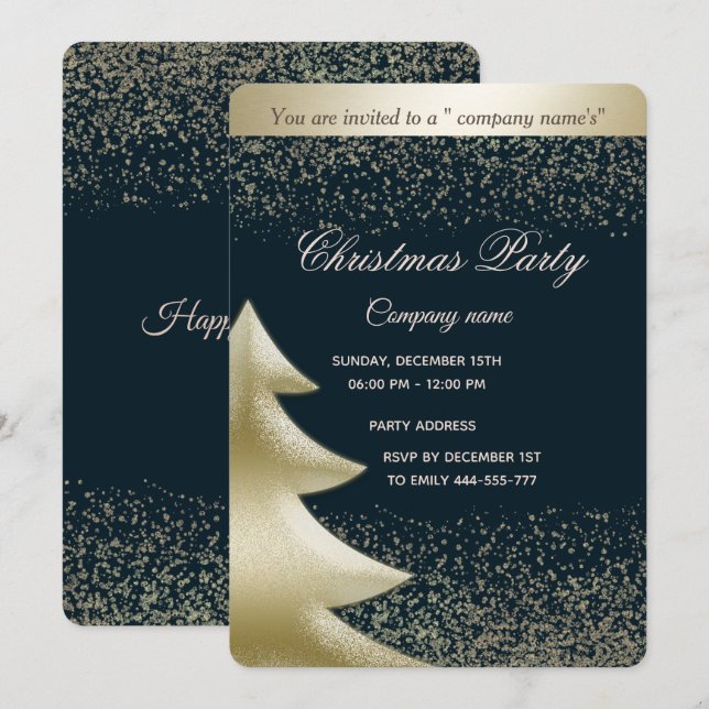 Invitation Fête de Noël d'entreprise de luxe bleu or/marine (Devant / Derrière)