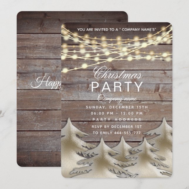 Invitation Fête de Noël d'entreprise en or de bois rustique I (Devant / Derrière)