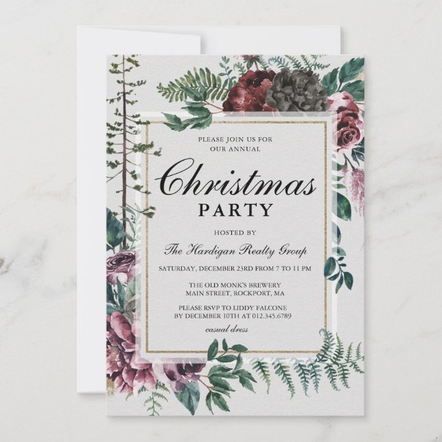 Invitation Fête de Noël d'entreprise Rustique Floral Botaniqu (Devant)