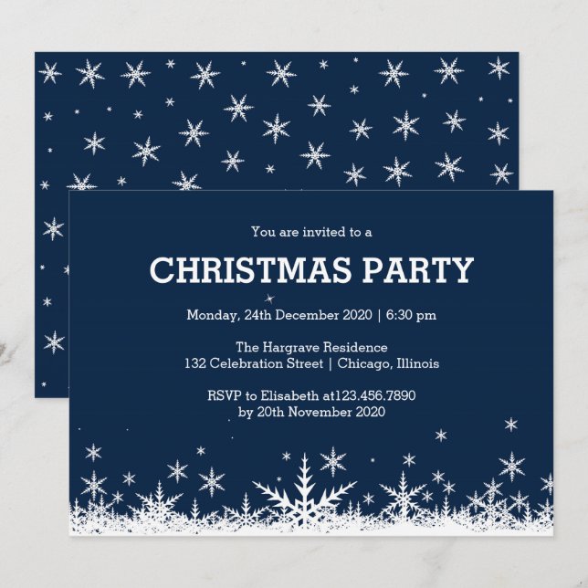 Invitation Fête de Noël des Flèches de neige bleues et blanch (Devant / Derrière)