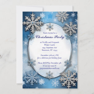 Invitation Fête de Noël des flocons de neige bleus et argenté