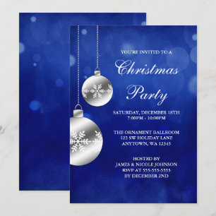 Invitation Fête de Noël des Ornements d'argent du Blue Bokeh