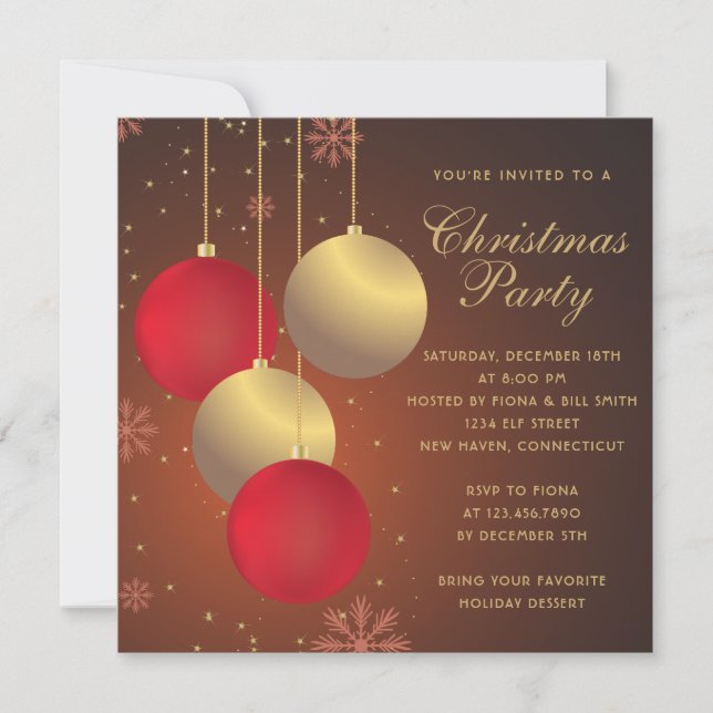 Invitation Fête de Noël des Ornements rouges et or (Devant)