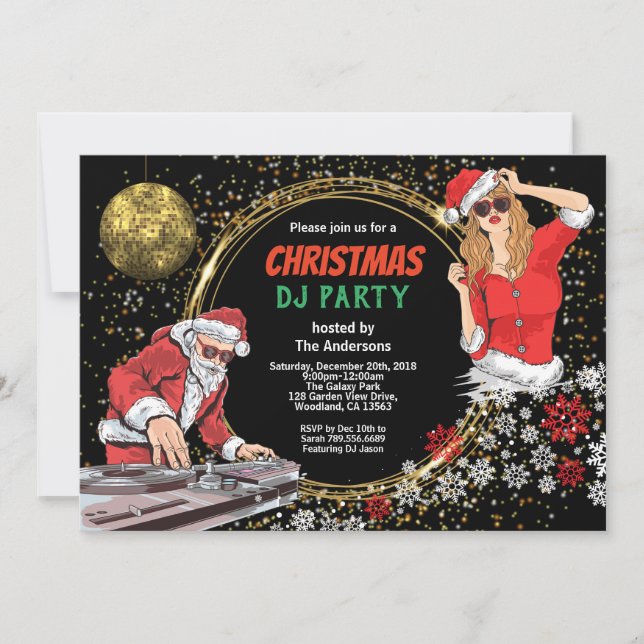 Invitation Fête de Noël DJ disco danse sale père Noël or (Devant)