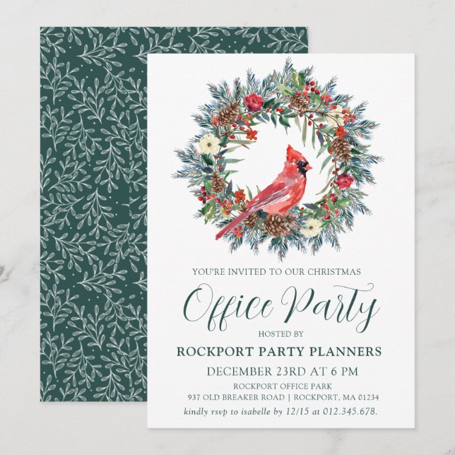 Invitation Fête de Noël du cardinal rouge Wreath (Devant / Derrière)