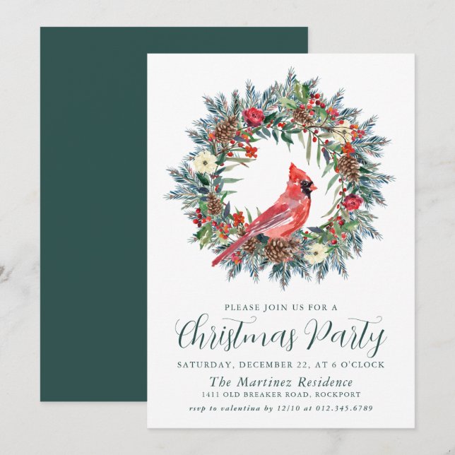 Invitation Fête de Noël du cardinal rouge Wreath (Devant / Derrière)